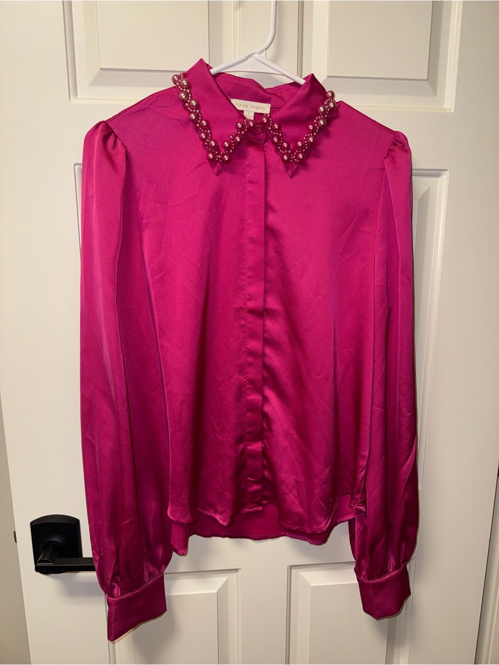 Flying Tomato Beaded Collar Satin Blouse - Fuchsia size Small